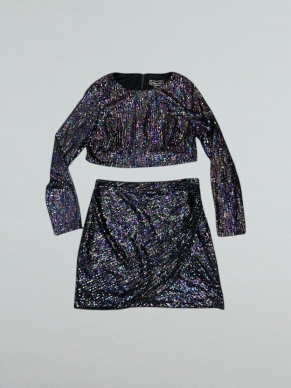 Sequin 2 Piece Crop Top Mini Skirt Set Size 15 Black Multi Party Holiday